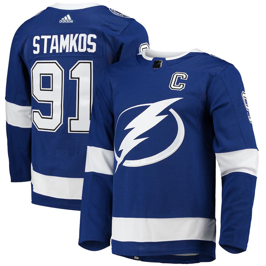 Men Tampa Bay Lightning #91 Steven Stamkos adidas Blue Home Captain Patch Primegreen Authentic Pro Player NHL Jersey->tampa bay lightning->NHL Jersey